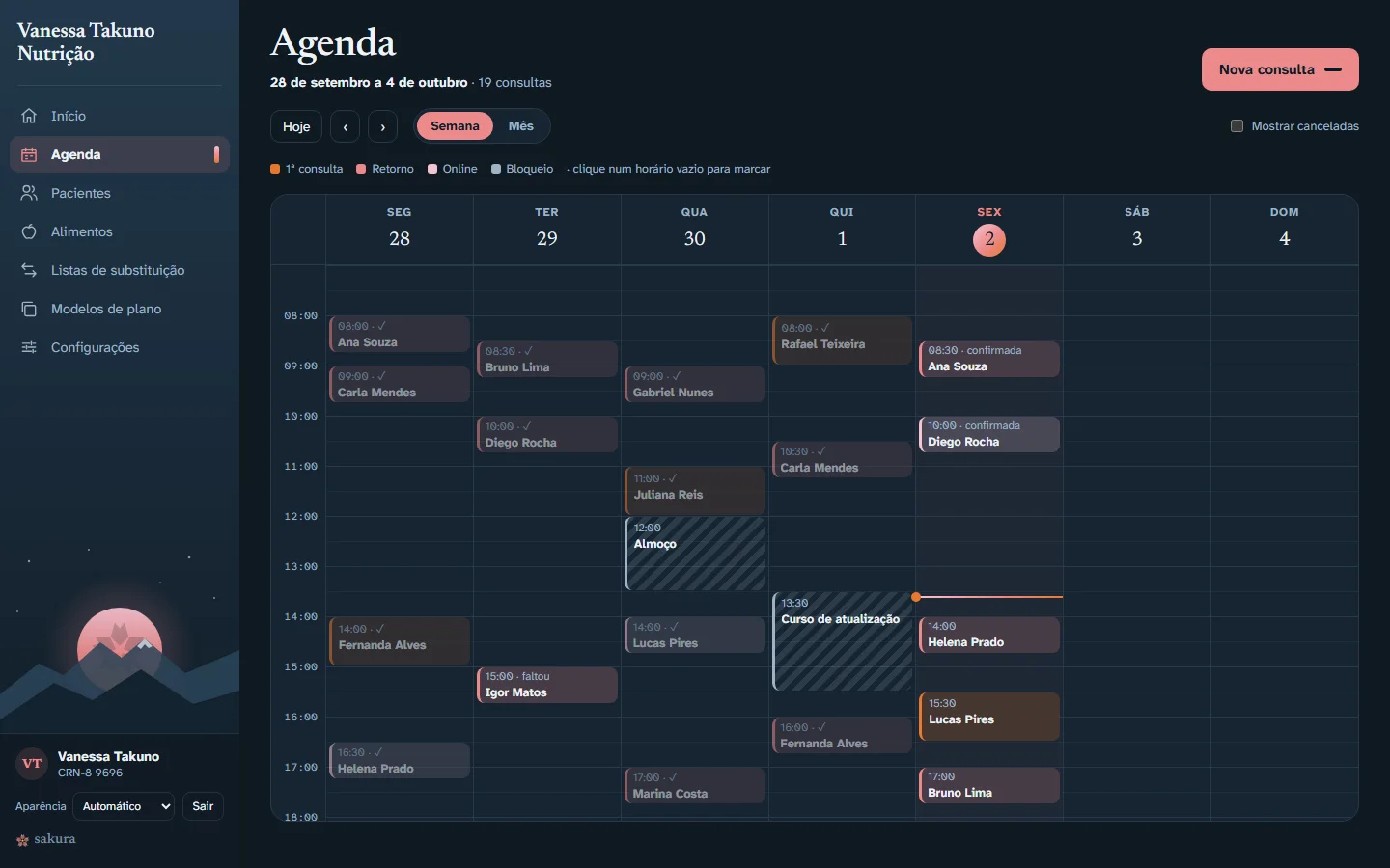 Agenda da semana com as consultas de cada dia, retornos e horários bloqueados.