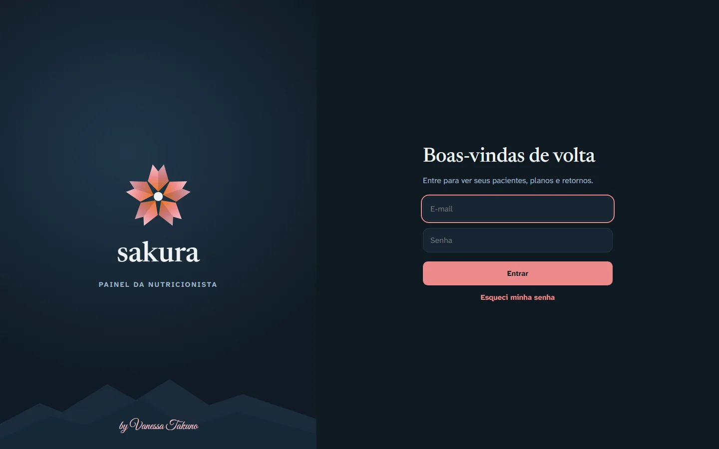 Entrada do painel: a flor de picos, a palavra sakura e o formulário de e-mail e senha.